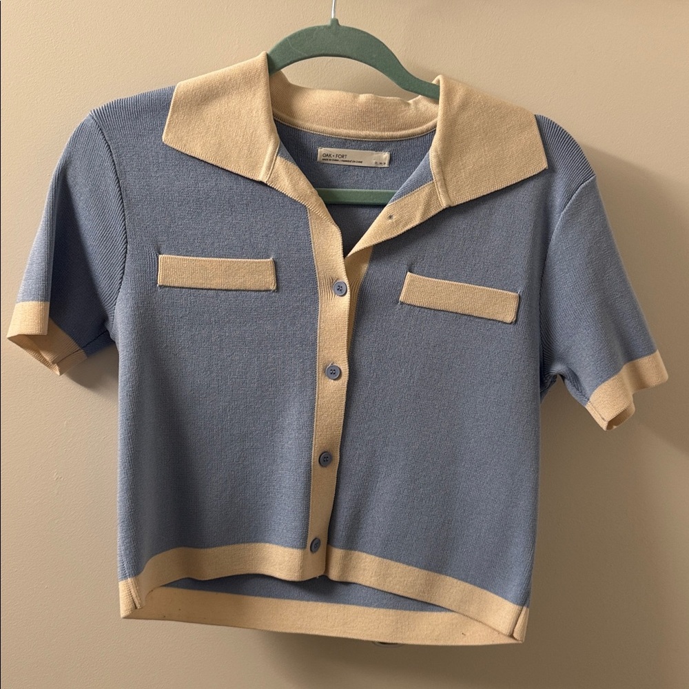 OAK + FORT Blue and Cream Button-Up Top